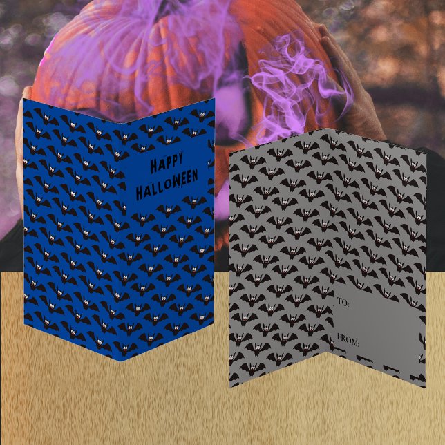 Blått klassrumsutbyteskort för Fladdermus Mönster  Visitkort (Bat Pattern Halloween Blue Classroom Exchange Card)