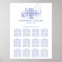 Blått kolonialhus/Mansion/passagerarsätesdiagram Poster
