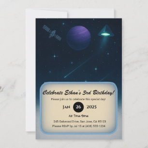 Blått Kon UFO & Planet Space Birthday Inbjudningar