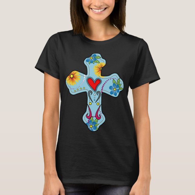 Blått Kor mexikanskt folk Art Heart Flowers Day of T Shirt (Framsida)