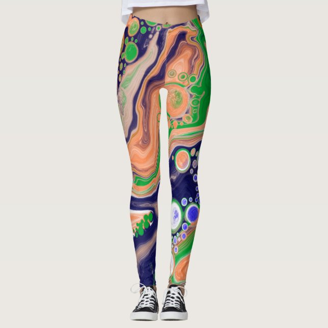 Blått, korall och Grönt Färgmålning - Fluid Art Leggings (Framsida)