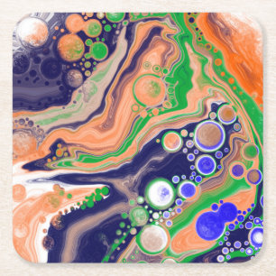 Blått, korall och Grönt Färgmålning - Fluid Art Underlägg Papper Kvadrat