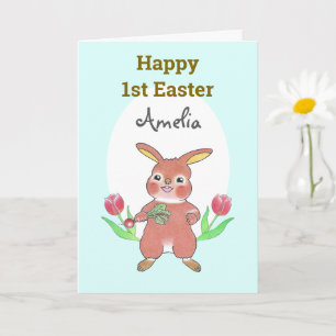 Blått kort för Cute Bunny Baby Lycklig 1:a Påsk