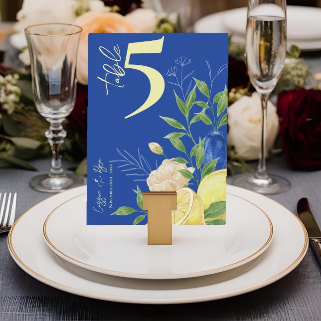Blått kort för Lemon Bröllop-Bordsnummer (Blue Floral Lemon Wedding Table Number Card)