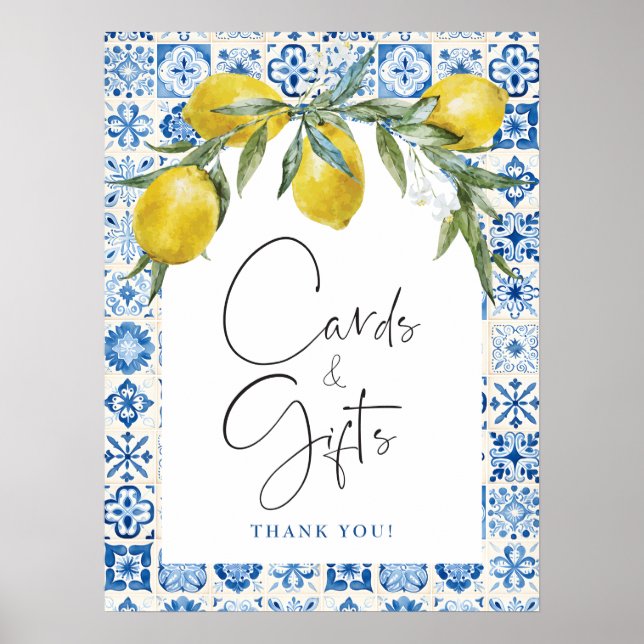 Blått kort för Lemon Mediterranean Tile Cards Post Poster (Framsidan)