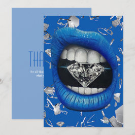 Blått krossat glas och diamanter i påsen tack. tack kort