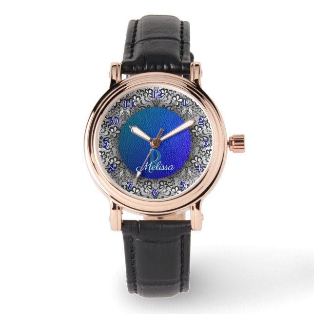 Blått läder och svart spets chic monogrammerad armbandsur (Framsida)
