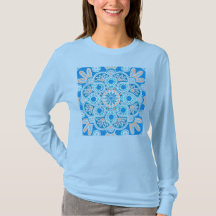 Blått långärmad mönster T- Shirt T