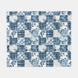 Blått lapptäcke Gingham Cottagecore Blommig Fleecefilt