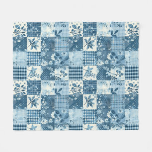 Blått lapptäcke Gingham Cottagecore Blommig Fleecefilt