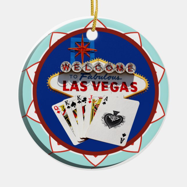 Blått Las Vegas välkomstskylt Pokerchip Julgransprydnad Keramik (Framsidan)