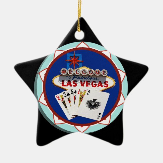 Blått Las Vegas välkomstskylt Pokerchip Julgransprydnad Keramik (Framsidan)