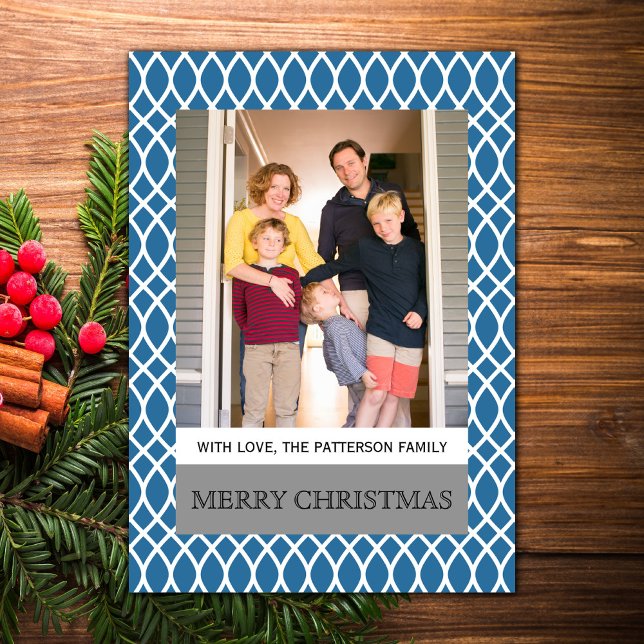 Blått lattiserat Helgdag för foto-flata kort för E (Blue Elegant Lattice Holiday Photo Card)