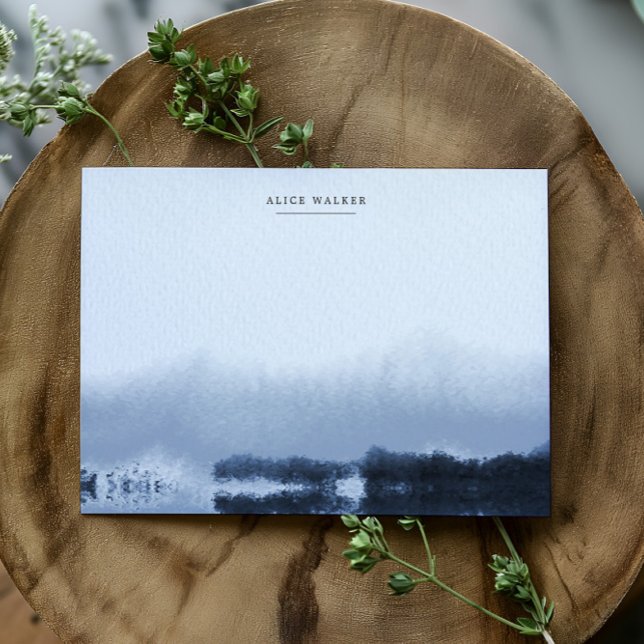 Blått liggande vattenfärgskort, monogram anteckningskort (Skapare uppladdad)