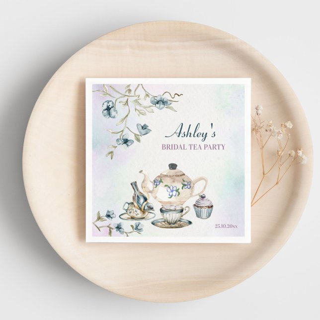 Blått lila blommigt möhippa te party pappersservett (Blue purple floral bridal shower tea party monogrammed printed napkins personalized table decor)