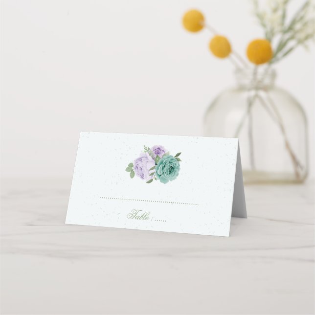 Blått lila blommor grönt botaniskt platskort placeringskort (Framsida)