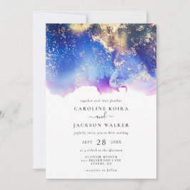 Blått Lila Guld Watercolor Bläck Tvättar Bröllop Inbjudningar