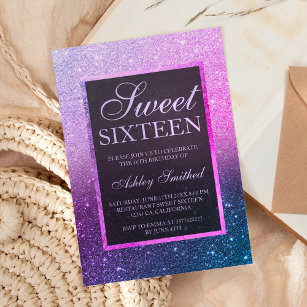 Blått lila ombre glitter elegant chic Sweet 16 Inbjudningar
