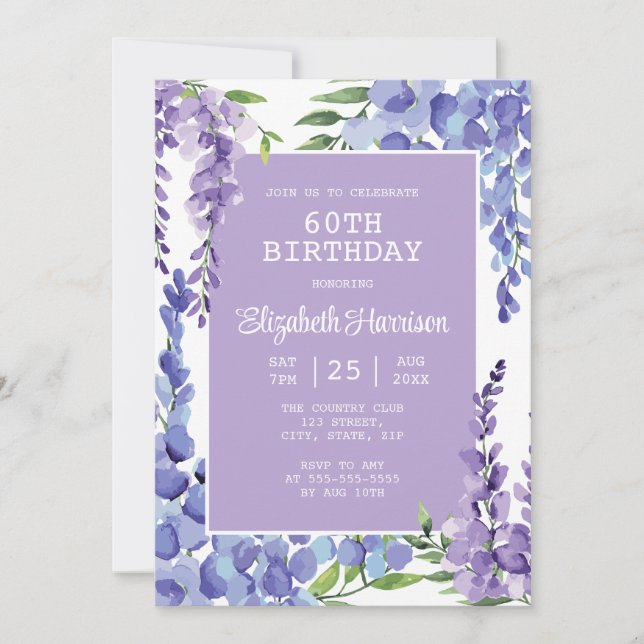Blått Lila Wisteria Blommigt 60:e födelsedagen Inbjudningar (Framsida)