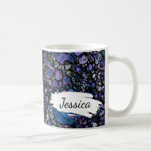 Blått, lilor & svartabstrakt, penseldrag & namn kaffemugg