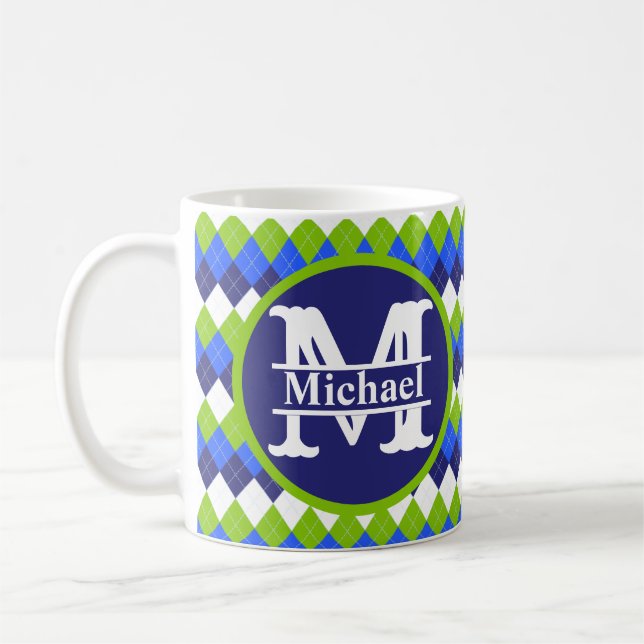 Blått, limgrönt och vitt argyllene monogramkaffe kaffemugg (Vänster)