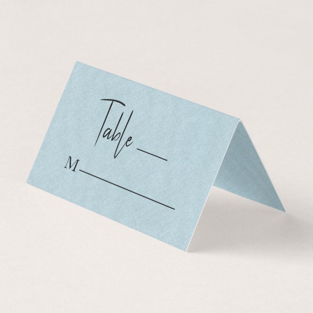 Blått Linen Simple Black Script Bröllop-monterings Visitkort (Framsida)