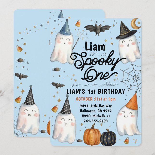 Blått ljus  Spooky One 1-års inbjudan (Fram/baksida)