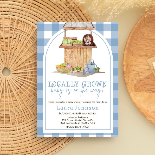 Blått, lokalt odlat babyskor inbjudningar (Blue Locally Grown Farmers Market Baby Shower Invitation )