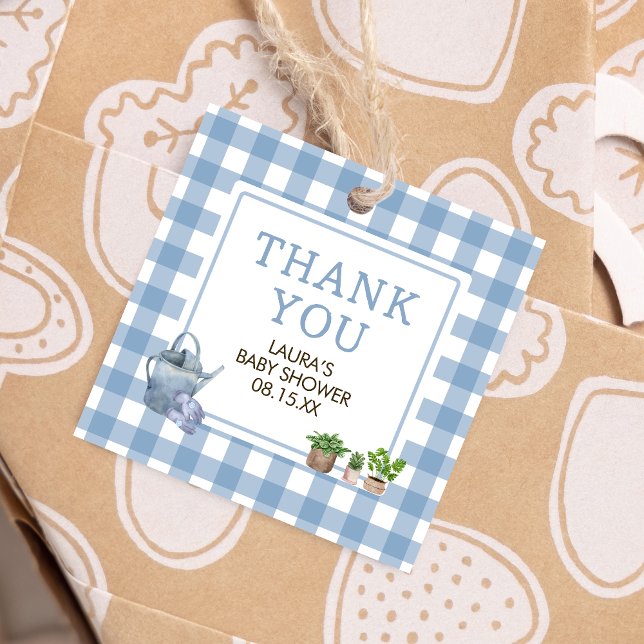 Blått, lokalt odlat bondgårdar, babyskorgen gåvor etiketter (Blue Farmers Market Locally Grown Baby Shower Square Favor Tags)