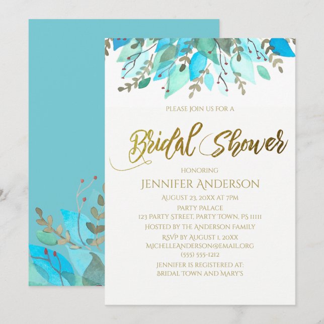 Blått Löv-Blommigt, Möhippa Inbjudningar (Fram/baksida)