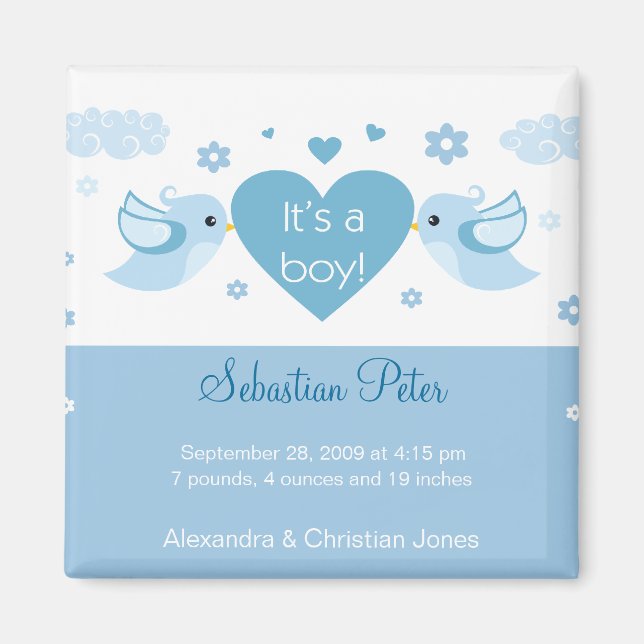 Blått Love birds Baby-meddelande Magnet (Framsidan)