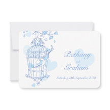 Blått love birds-inbjudan till öppen bur