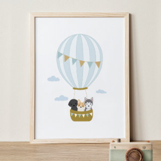 Blått Luftballong Hundar Nursery Decor Poster