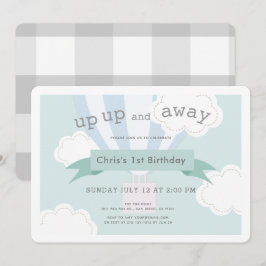Blått Luftballong upp och bort 1:a födelsedag Inbjudningar