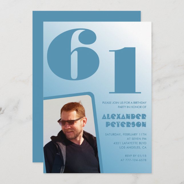 Blått Manar fotogradient 61:a födelsedagsinbjudnin Inbjudningar (Fram/baksida)