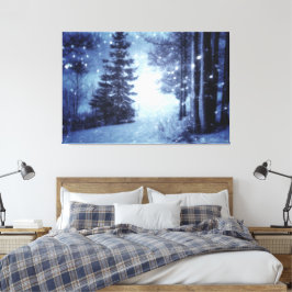 Blått månbelyst Magic Forest Winter Scene Canvastryck