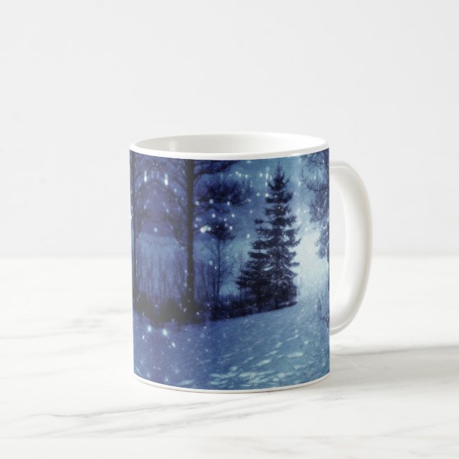 Blått månbelyst Magic Forest Winter Scene Kaffemugg (Framsida höger)