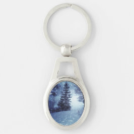 Blått månbelyst Magic Forest Winter Scene Ovalt Silverfärgad Nyckelring