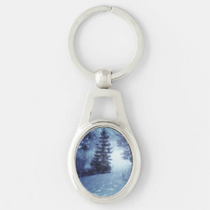 Blått månbelyst Magic Forest Winter Scene Ovalt Silverfärgad Nyckelring