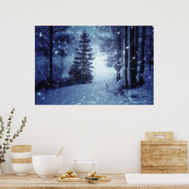 Blått månbelyst Magic Forest Winter Scene Poster