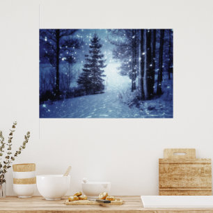 Blått månbelyst Magic Forest Winter Scene Poster