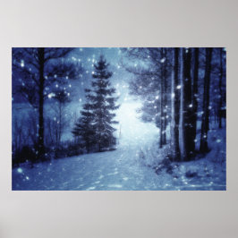 Blått månbelyst Magic Forest Winter Scene Poster