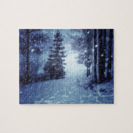 Blått månbelyst Magic Forest Winter Scene Pussel