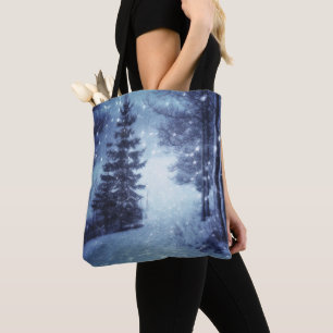 Blått månbelyst Magic Forest Winter Scene Tygkasse