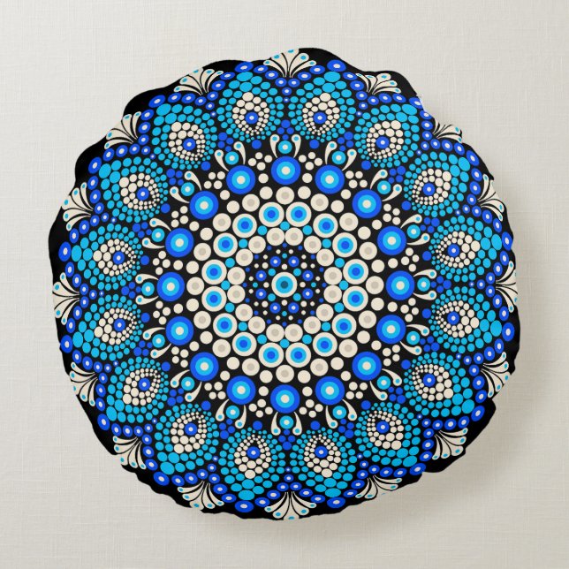 Blått Mandala Mönster Kast Kudd Boho Dekorativ  Rund Kudde (Baksidan)