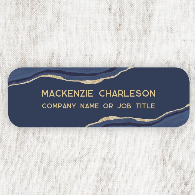 Blått marble Agate Geode Guld Glitter Business Namnbricka (Navy blue gold agate marble geode professional business name tag)