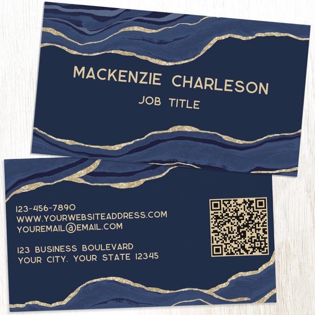 Blått marble Agate Guld Glitter QR-kod Busine Visitkort (Navy blue gold agate marble geode personalized business card with QR code)