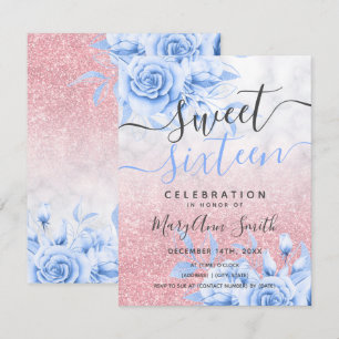 Blått Marble Blommigt Glitter Sweet 16 ro Inbjudningar