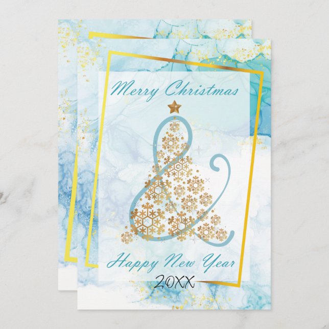 Blått marble-kort för julfamiljen Photo Säsong Car Julkort (Fram/baksida)