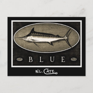 Blått Marlin-Vintage, svartvitt, vykort